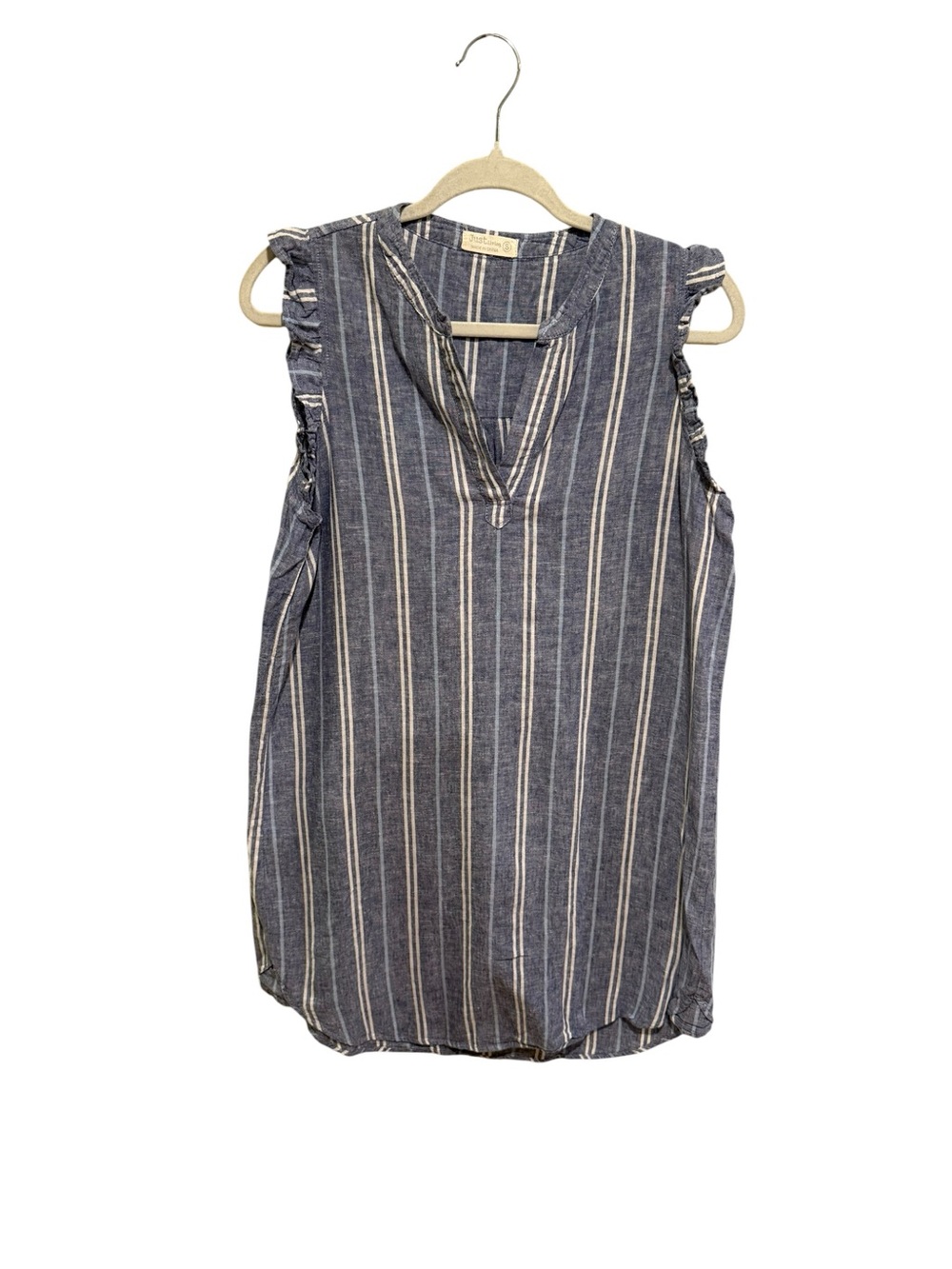 Just Living Linen & Cotton Blue & White Stripe Ruffle-Trim Dress Coastal Cottage